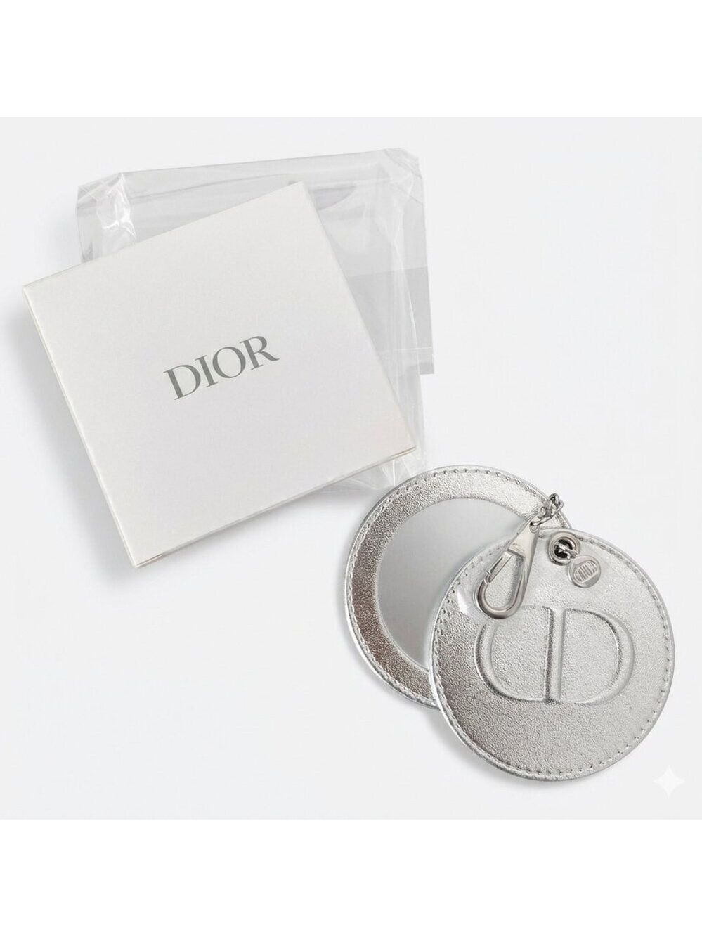 *Dior Beauty Silver Metallic Round Mirror Bag Charm CD Logo - NIB